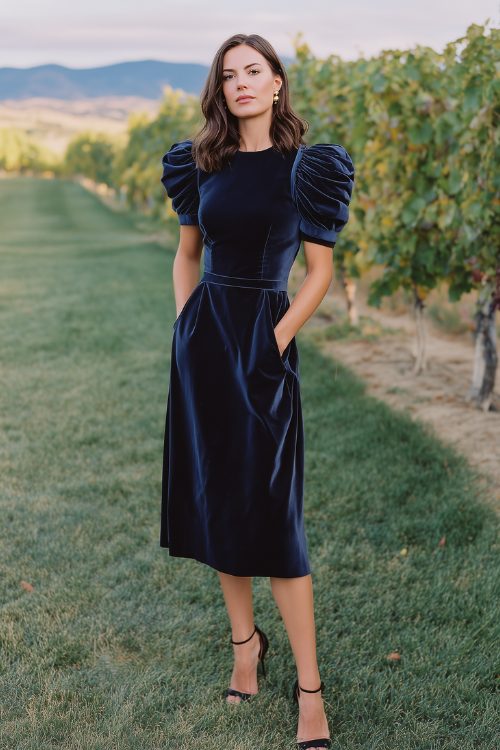 A woman over 40 in a navy A-line dress with velvet panels, puff sleeves, and ankle-strap heels