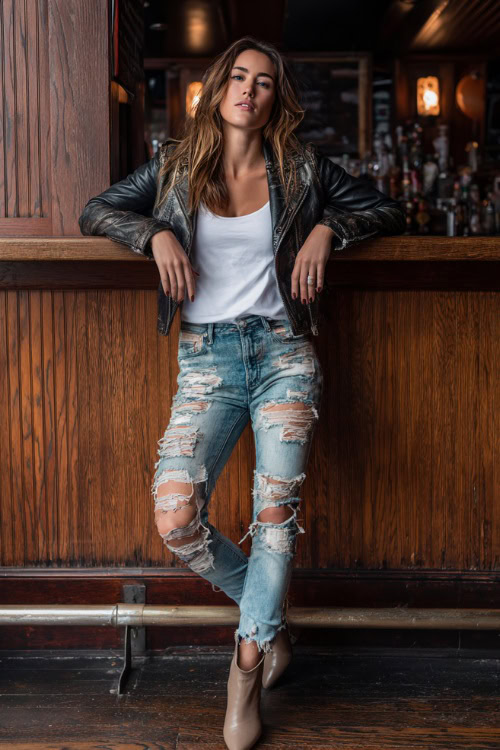 A woman wearing distressed jeans, a fitted leather jacket over a white tee, and heeled boots, leaning casually against a wooden bar wall, full body outfit visible