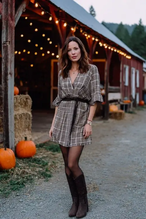 A woman over 40 wears brown cowboy boots, a plaid mini dress, and opaque black tights