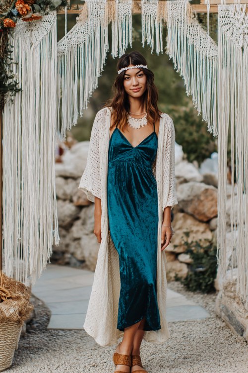 A petite woman wears a peacock-teal burnout velvet slip midi under a cream crochet duster with bell sleeves