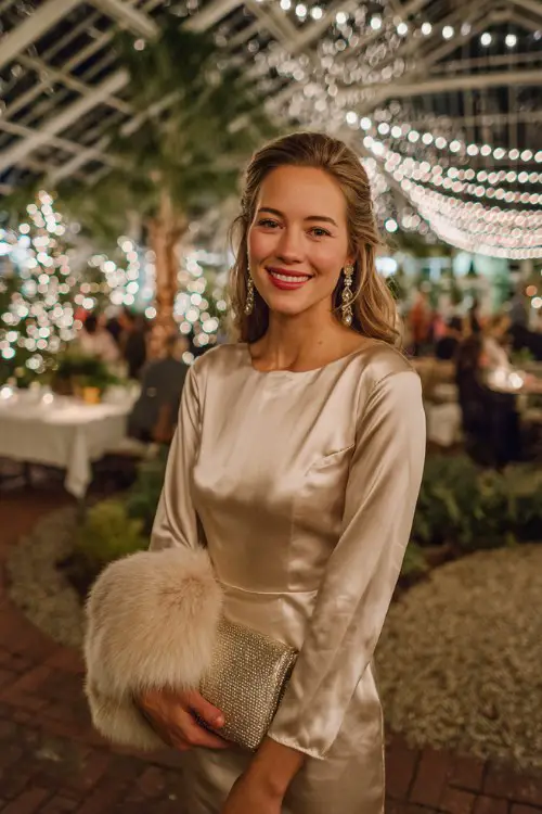 A woman over 30 wears a champagne satin dress with full-length sleeves and crystal earrings