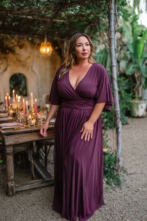 A plus-size woman over 50 wearing a plum-colored maxi dress with a V-neck and flutter sleeves, standing by a candlelit reception table in a garden setting