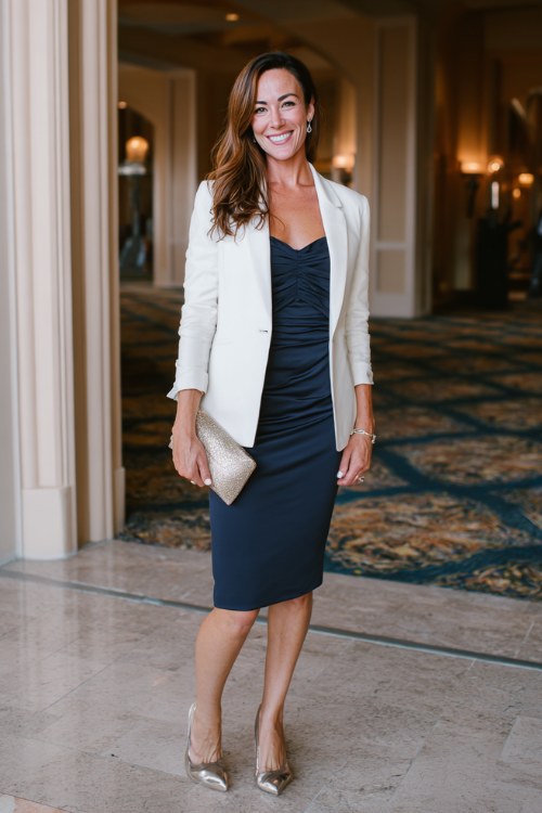 A woman over 40 wears a navy sheath dress paired with a tailored white blazer