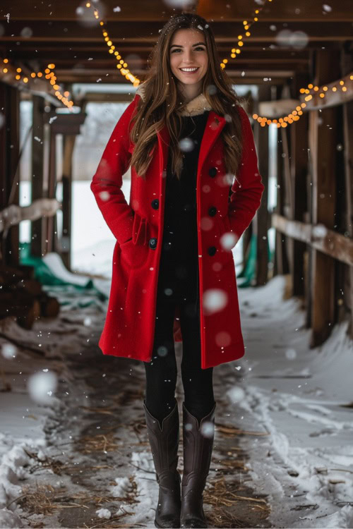 A woman wears cowboy boots with leggings and cowboy boots