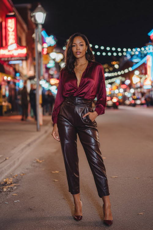 A Black woman wearing high-waisted faux leather pants, a deep wine-colored satin blouse, and pointed heels, walking through an autumn city street lined with bars and neon lights