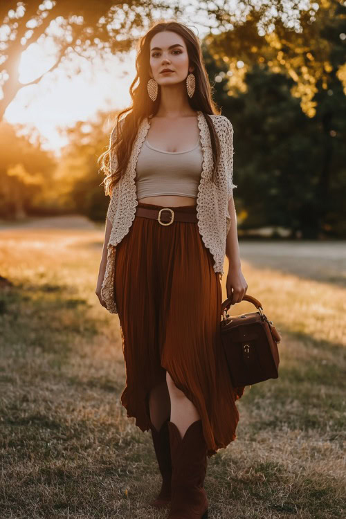a woman wears a light colored top, beige cardigan and brown skirt with brown cowboy boots