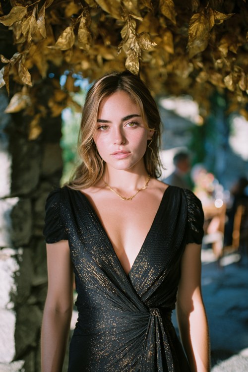 a woman in a black wrap maxi dress with subtle metallic thread accents, standing under a wedding pergola