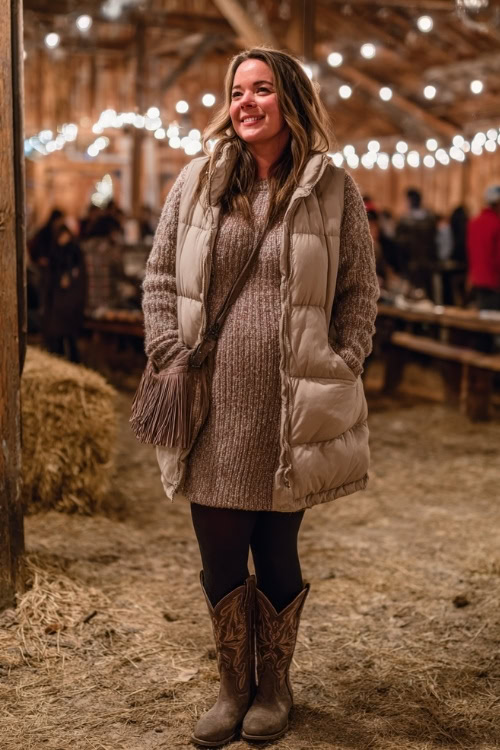 A plus size woman wears a long puffer vest over a knit sweater dress, styled with black tights and cowboy boots, holding a fringe crossbody bag at a rustic barn concert