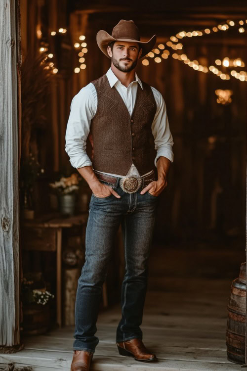 A groom in a country wedding outfit, wearing bootcut jeans tucked into cowboy boots, with a crisp white button-up shirt, a tailored dark brown vest, and a bolo tie
