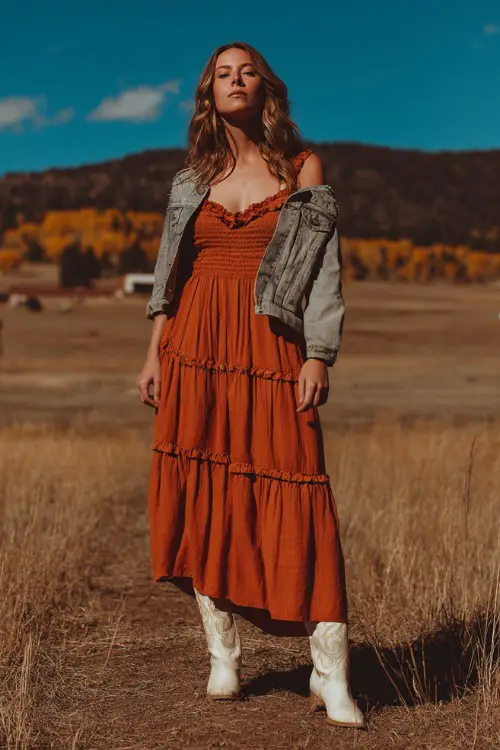 A woman wears a flowy rust-orange maxi dress with ruffle details, layered with a denim jacket and paired with cream cowgirl boots