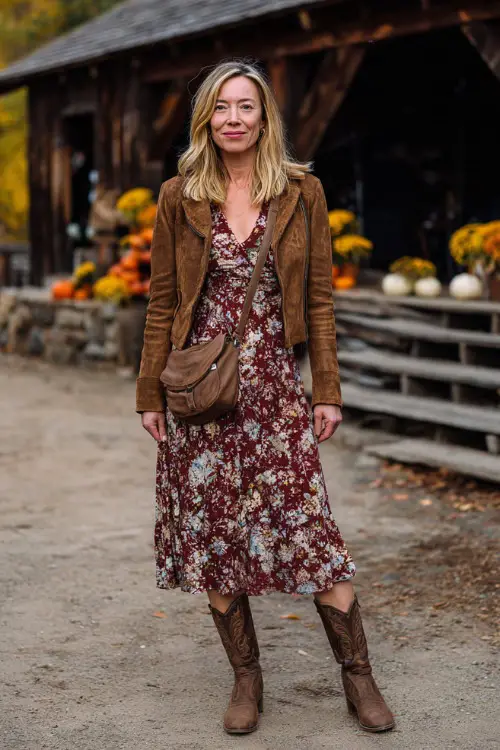 A woman over 50 wears a long sleeve floral midi dress with a suede jacket, paired with brown cowboy boots and a leather crossbody bag