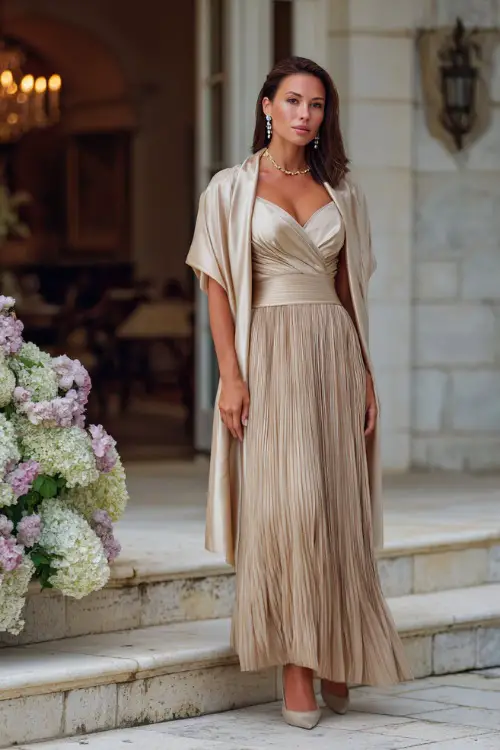 A woman wearing a champagne-colored sleeveless pleated dress with a satin shawl and crystal drop earrings, standing beside a white floral aisle at a luxurious estate venue