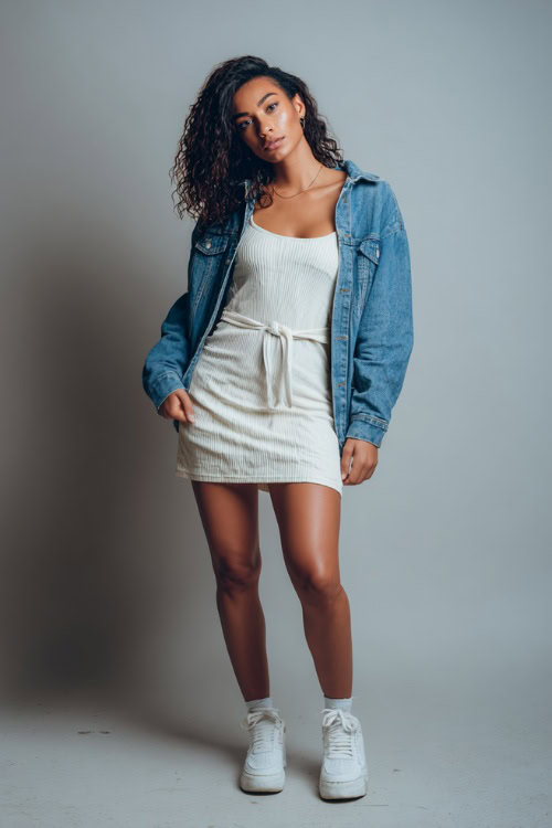 A woman wearing a ribbed tank dress with a denim jacket tied around her waist and white platform sneakers, styled for a cool and casual vibe, simple studio background