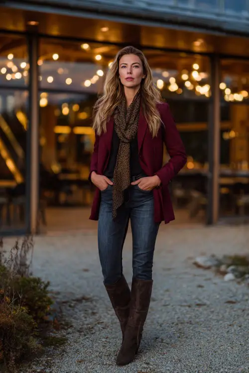 A woman over 40 wearing dark denim jeans, a burgundy longline blazer, and heeled ankle boots, standing outside a modern bar on a crisp fall night