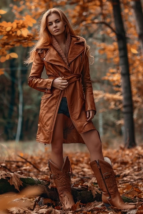 A woman wears a brown leather coat, blue shorts, and brown cowboy boots