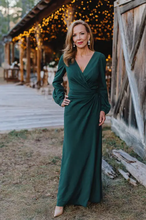 A woman over 50 wears a sophisticated dark green long-sleeve gown with a defined waist and pearl earrings, with pumps