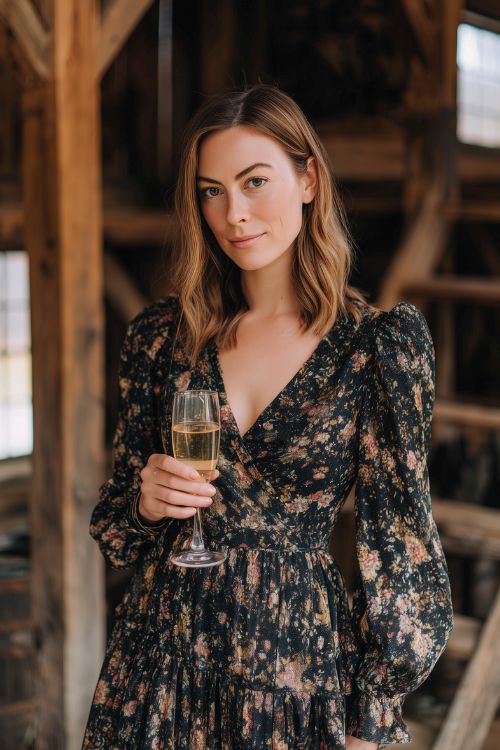 A woman wears a dark floral midi dress with bishop sleeves and a ruffled hem
