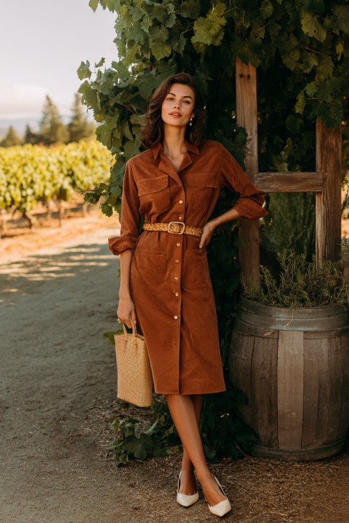 A woman wears a cinnamon corduroy midi shirt dress with rolled cuffs, a braided belt, and brass snaps