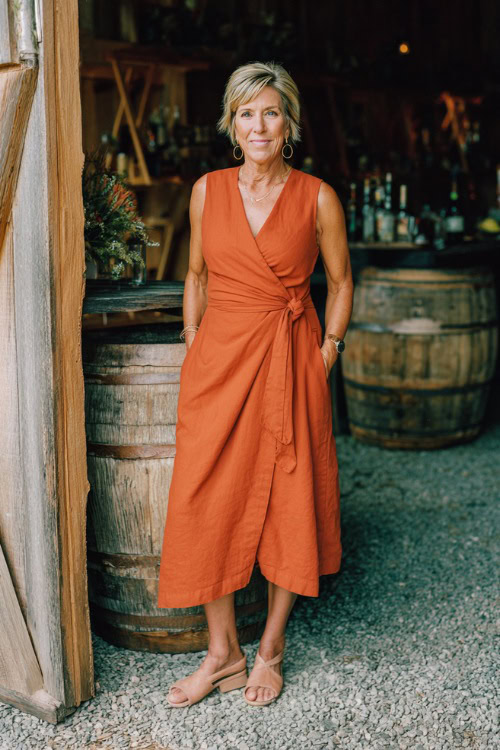 A woman over 50 in a terracotta-colored sleeveless wrap midi dress with minimal jewelry and neutral sandals