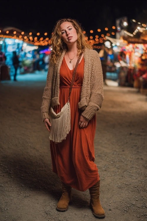 A plus-size woman wears a rust-orange maxi dress layered with a chunky knit cardigan, suede boots, and a crossbody fringe bag, standing by glowing fall festival lights