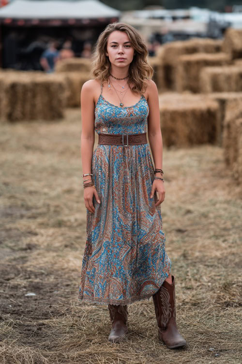 A midsize woman wearing a sleeveless printed maxi dress with a cinched waist, paired with dark brown cowboy boots and subtle layered jewelry