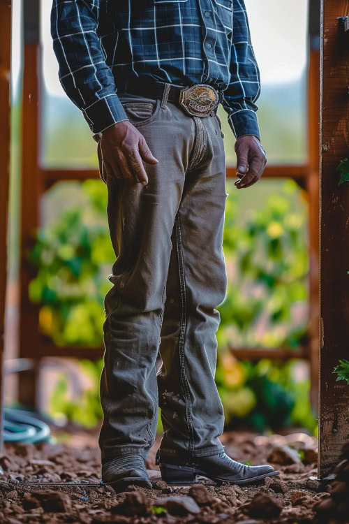 a man wears khaki pants with cowboy boots and a blue plaid shirt