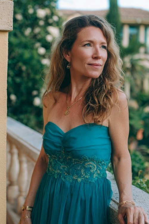 a woman over 50 in a teal chiffon cocktail dress with embroidered bodice