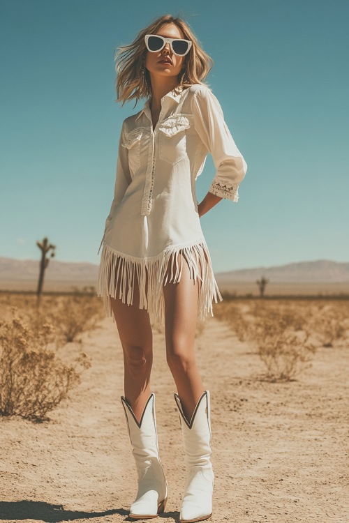 A stylish festival-goer in a white button-up dress with fringe details, paired with white cowboy boots and oversized cat-eye sunglasses
