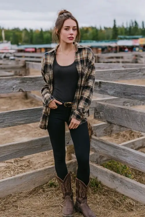 A woman wears black leggings with brown cowboy boots, layered with a fitted ribbed top and an oversized flannel