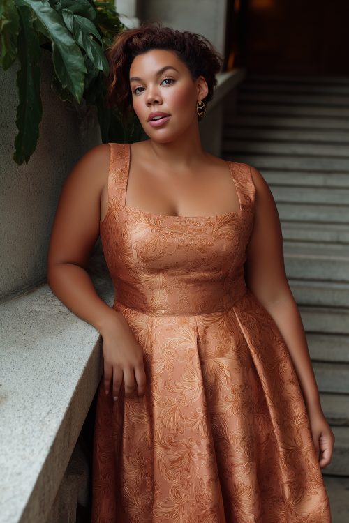 A plus-size black woman in a copper fit-and-flare dress with baroque patterning and a square neckline