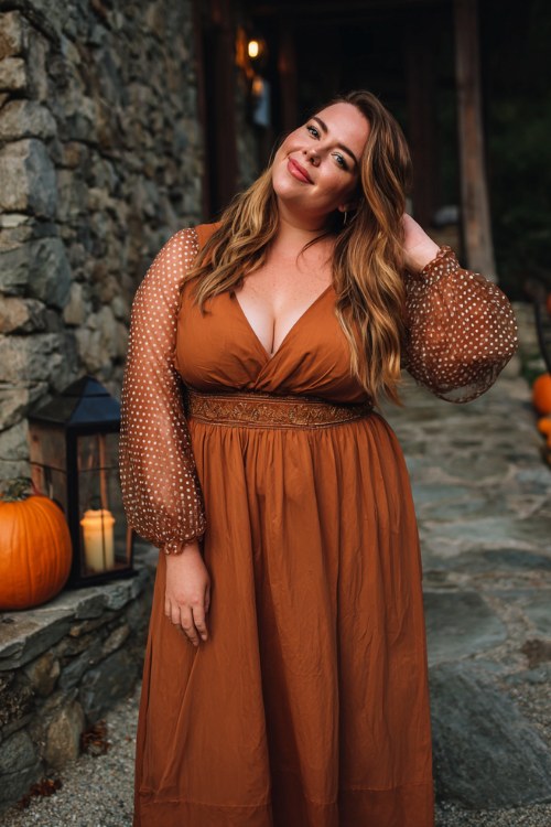 A plus size woman wears a copper A-line dress with sheer polka-dot sleeves and embroidered waistline