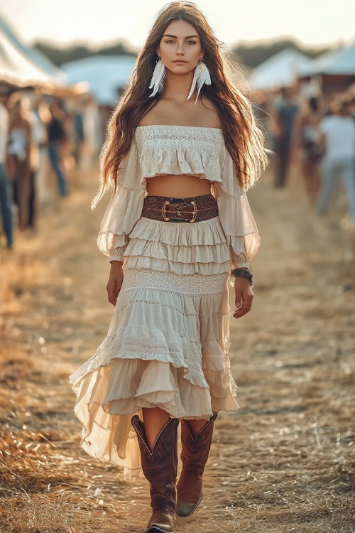 A confident woman in a flowing off-the-shoulder peasant blouse with a tiered bohemian maxi skirt, accessorized with cowboy boots and feather earrings