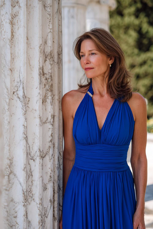 A woman over 50 in a sleeveless royal blue chiffon gown with an empire waist and soft pleats, posing near a white marble gazebo at a formal outdoor wedding