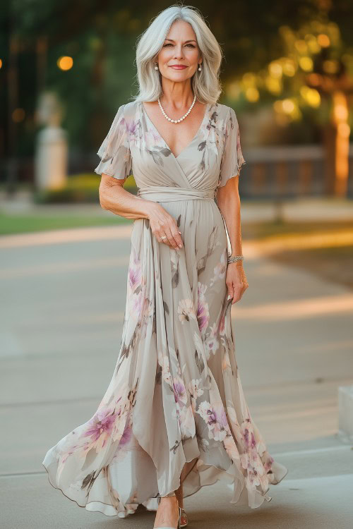 a woman over 50 wears a light gray floral wedding guest dress