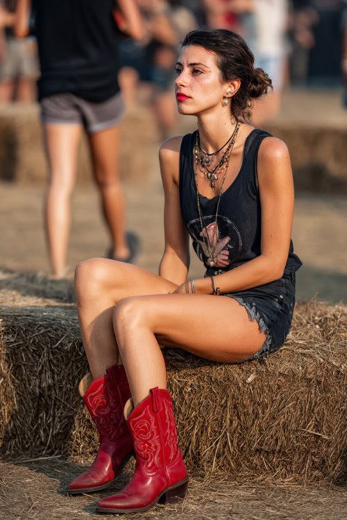 A woman in distressed black denim shorts, a sleeveless band tee, and bold red western boots, accessorized with layered necklaces and a small crossbody purse