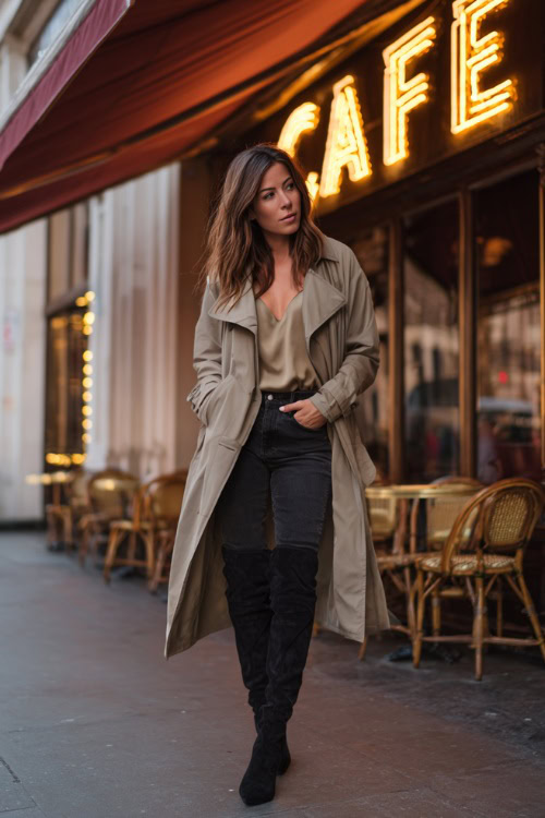 A woman over 40 wearing slim-fit jeans, a chic trench coat over a silk camisole, and heeled boots, walking past glowing autumn bar signs
