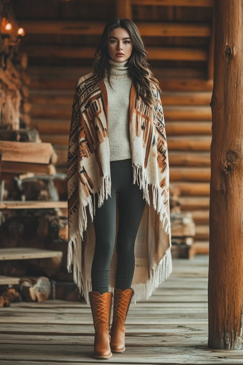 A fashionable woman in a poncho with a southwestern print, a turtleneck sweater, leggings, and tall suede boots