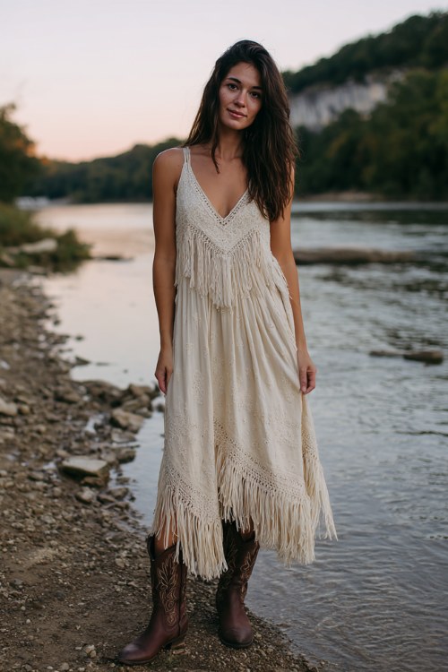 A woman wears a vintage-inspired embroidered cream maxi dress with fringe details and a deep V-neck, paired with classic dark brown cowboy boots
