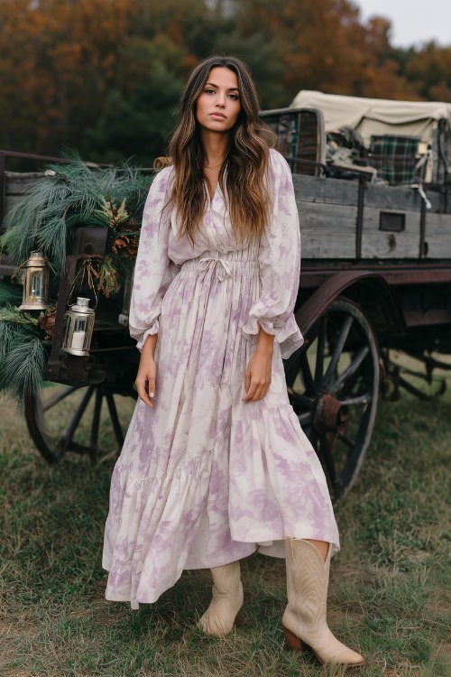 A woman in a white and lilac floral maxi dress with a cinched waist and dramatic sleeves, styled with distressed beige cowboy boots