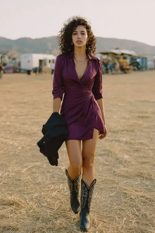 A woman wears a plum wrap dress with tall black cowboy boots, holding a jacket