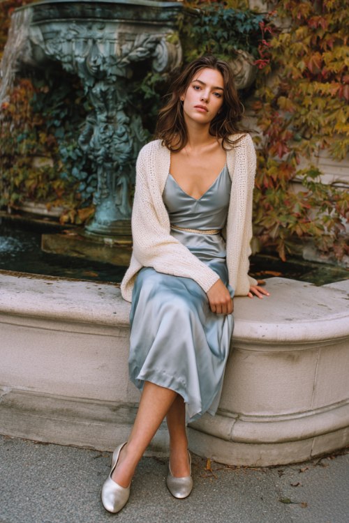 A woman wears a blue-gray satin slip midi layered with a cream knit shrug and thin belt, styled with metallic ballet flats (2)