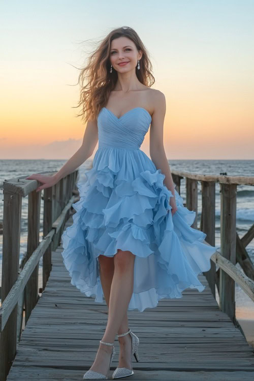 A mature woman in a periwinkle blue strapless midi dress with a ruffled bodice and A-line skirt, styled with silver heels and drop earrings
