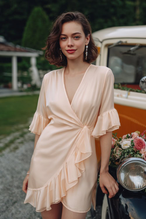 A woman wearing a pale peach short wrap dress with ruffle hem and delicate earrings, standing beside a vintage car decorated with flowers at a countryside wedding
