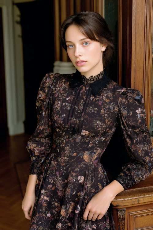 A petite woman wears a dark floral tapestry-print A-line dress with a fitted bodice, structured sleeves