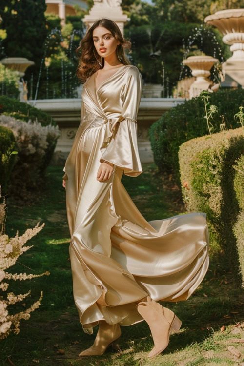 a woman wears a satin maxi dress and cowboy boots