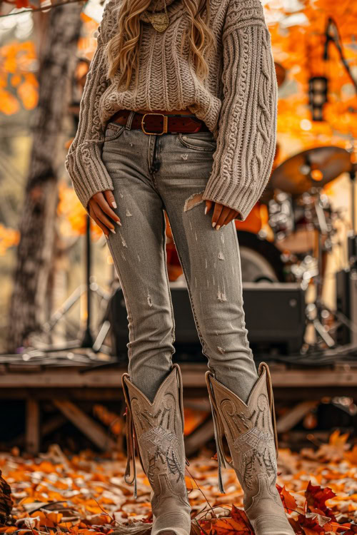 a woman wears ripped jeans tucked in cowboy boots with a thick sweater