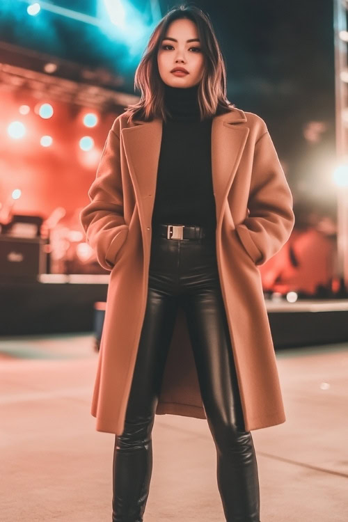 A woman wearing a camel-colored oversized coat, a black turtleneck sweater, faux leather leggings