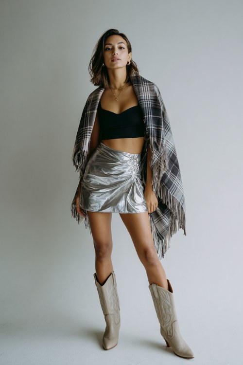 A woman wears a metallic silver mini skirt with a black crop top and a large plaid fringe cape draped over her shoulders, styled with taupe tall cowboy boots