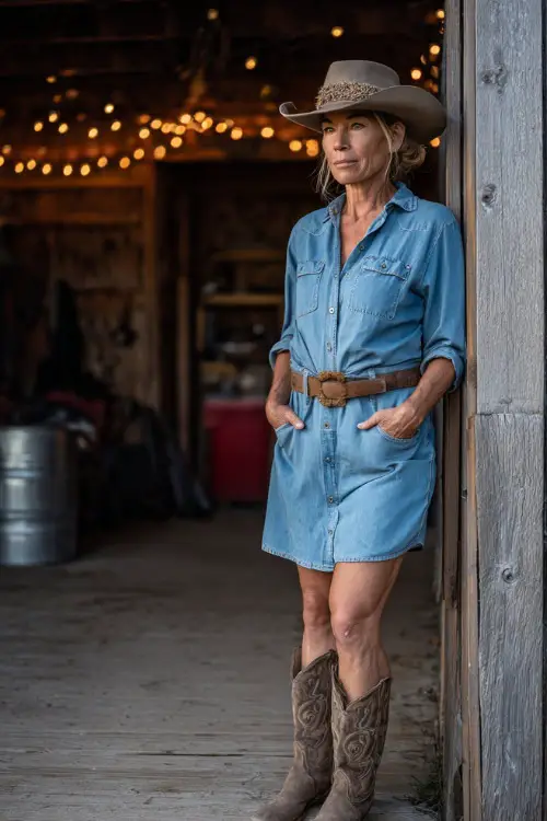 A woman over 50 wears a denim shirtdress cinched with a belt, styled with cowboy boots and a felt hat, standing by a barn stage glowing with string lights