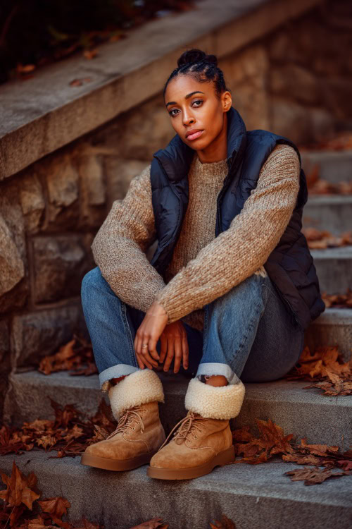 Cozy and casual look with a Black woman wearing an oversized sweater, puffer vest, jeans, and UGG boots, sitting on outdoor cafeÌ steps surrounded by autumn leaves